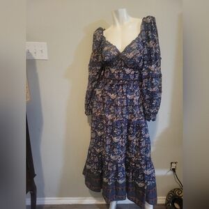 Sea Navy Floral Long Sleeve Smocked Maxi Dress